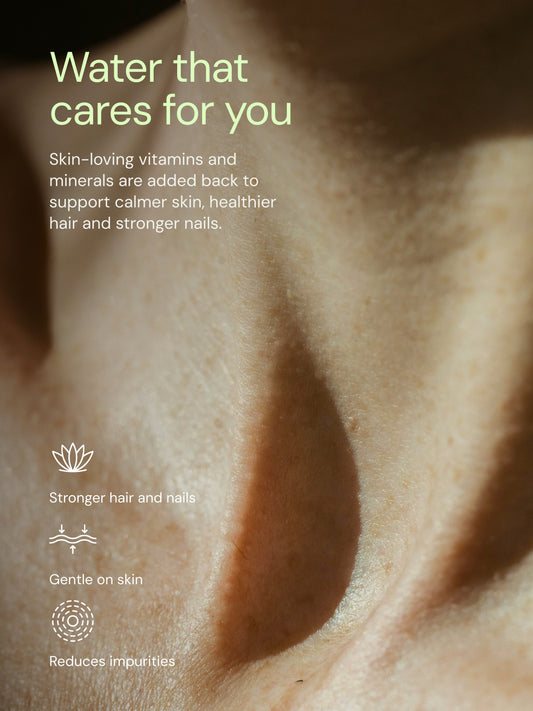 Aquabliss benefits with text about skin care benefits on a close-up of skin texture.