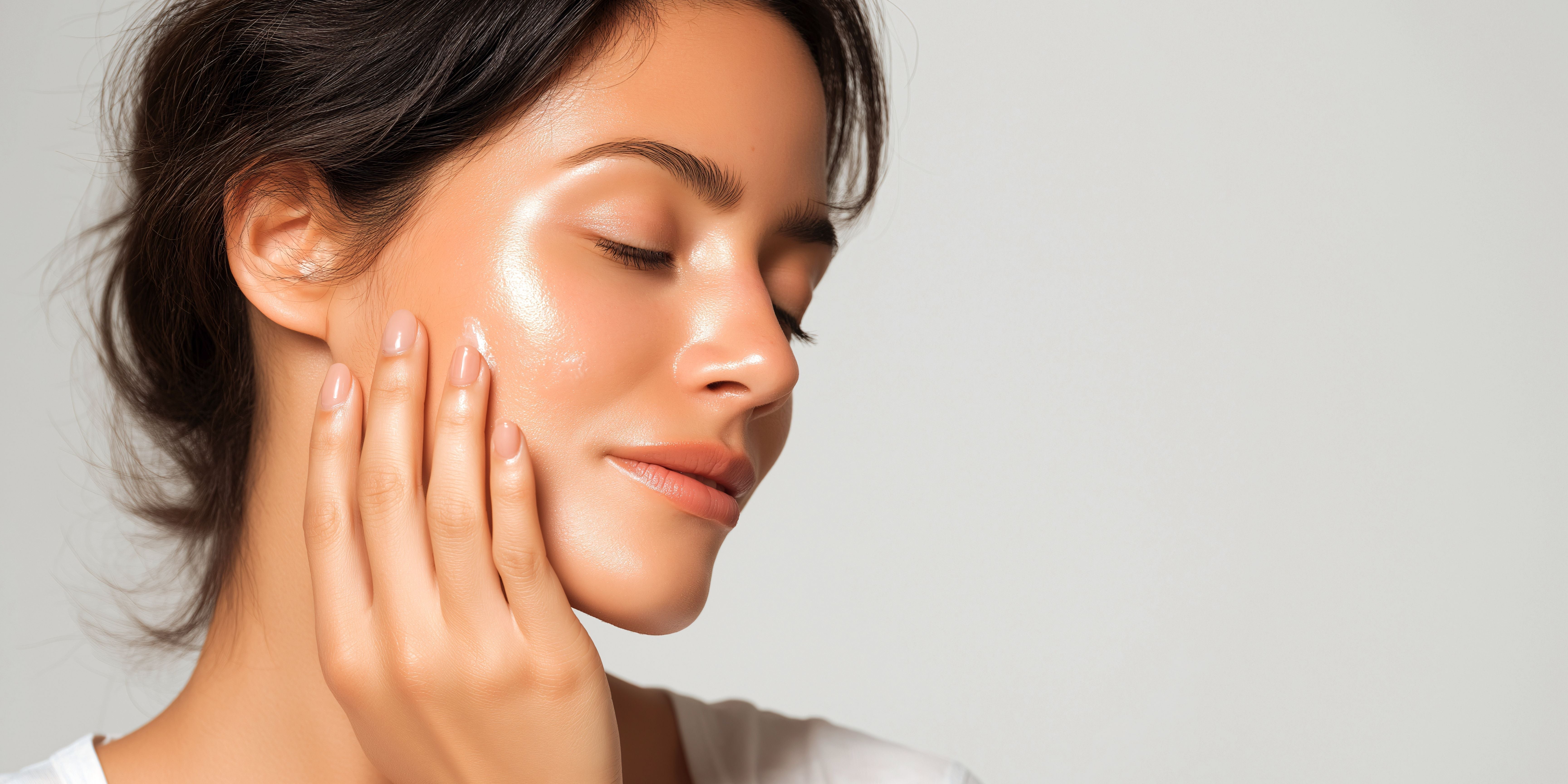 Woman toughing her face looking down to one side
