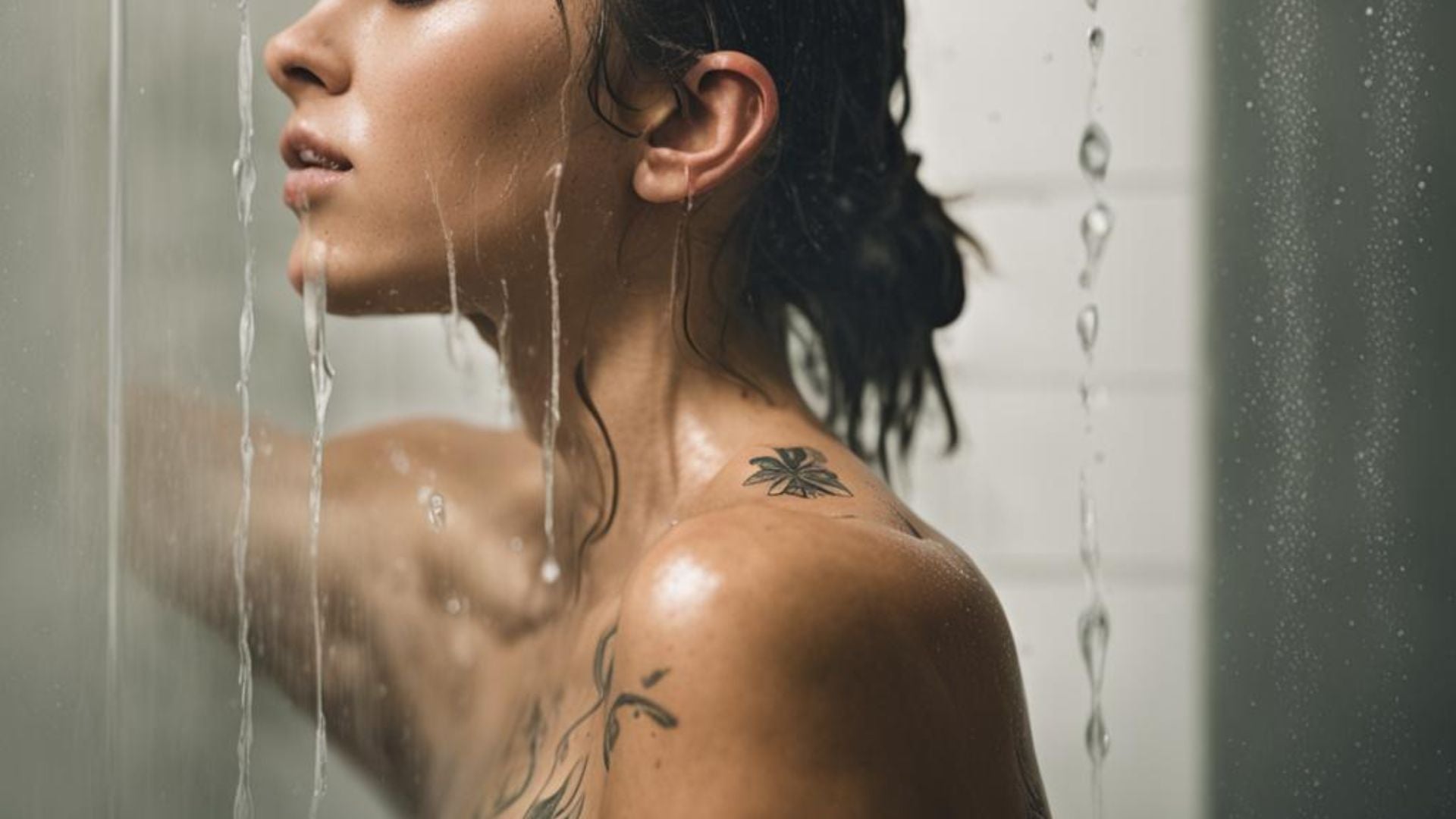 A woman showering with a fresh tattoo on her shoulder.