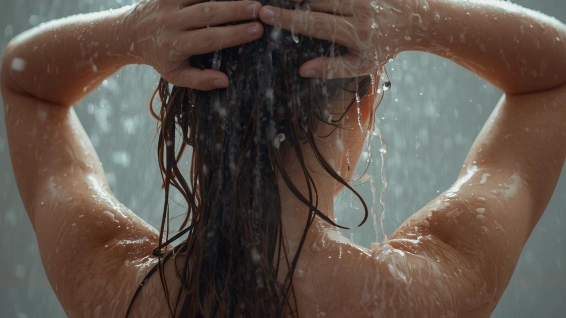 A woman washing her hair under running water in the shower.