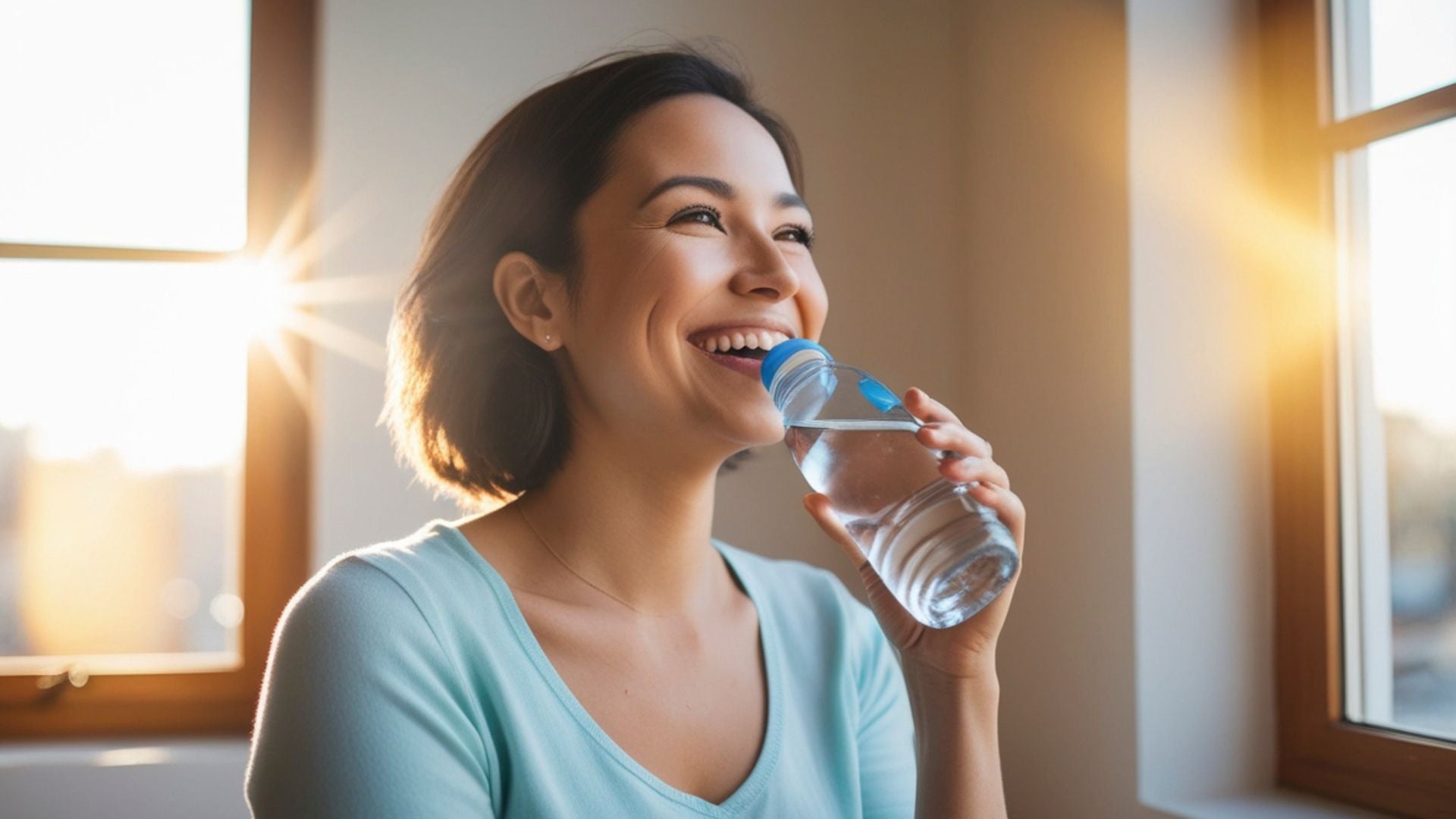 A smiling woman drinks water from a bottle near a sunlit window.