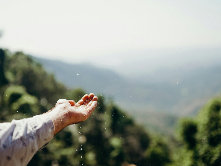 Hand holding water droplets with a blurred natural landscape in the background