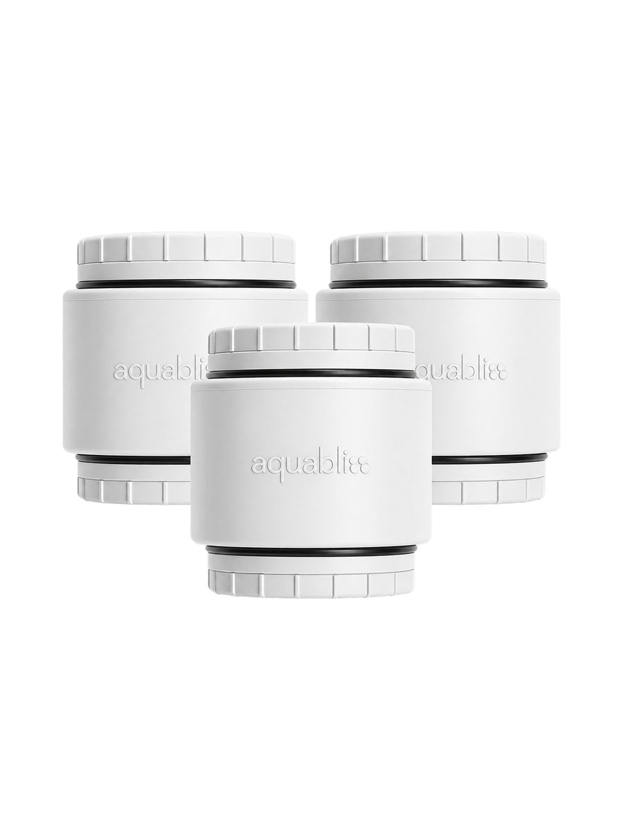 Aquabliss pack of three shower filter cartridges on a white background 