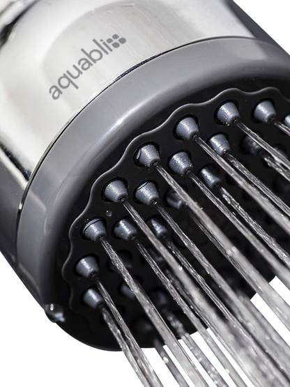Close up of Chrome shower head with Aquabilss branding on a white background
