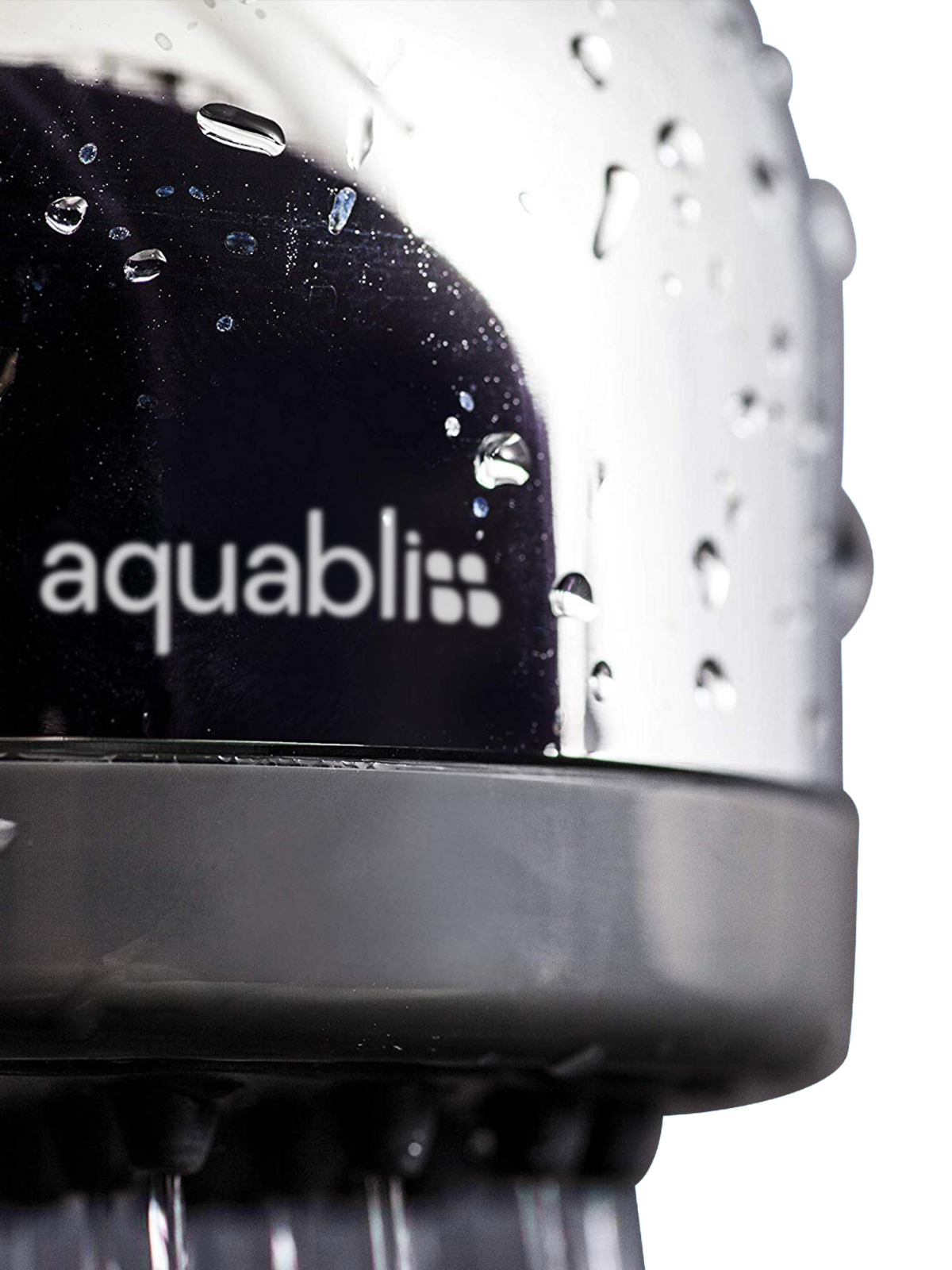 Close up of Chrome shower head with Aquabilss branding on a white background
