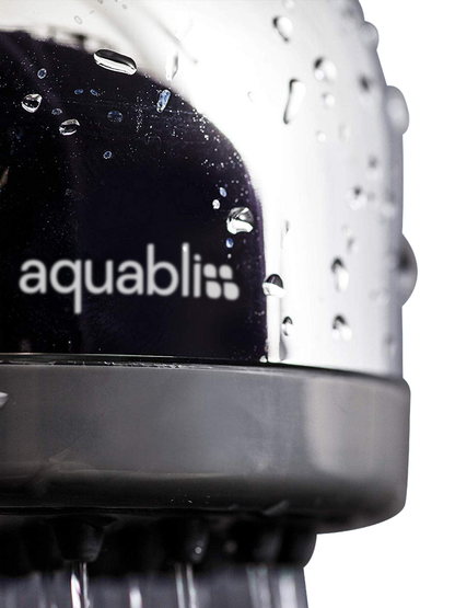 Close up of Chrome shower head with Aquabilss branding on a white background
