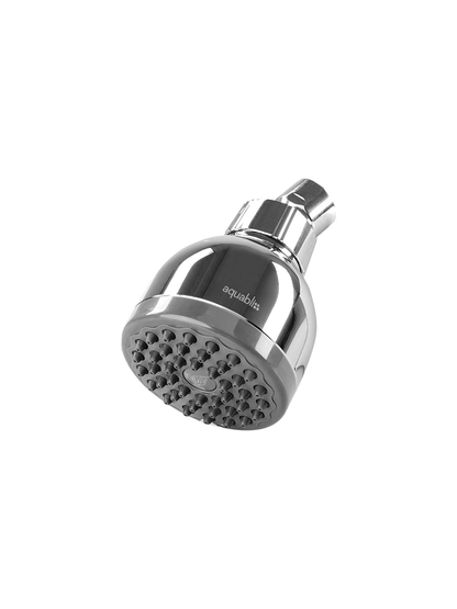 Chrome shower head with Aquabilss branding on a white background
