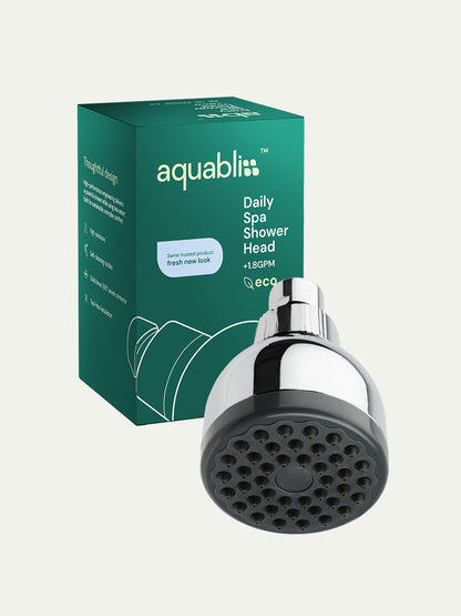 Aquabliss shower head with packaging on a white background