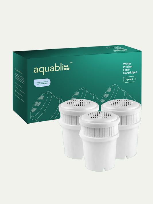 Aquabliss water pitcher cartridges with packaging on a white background and product in the foreground 