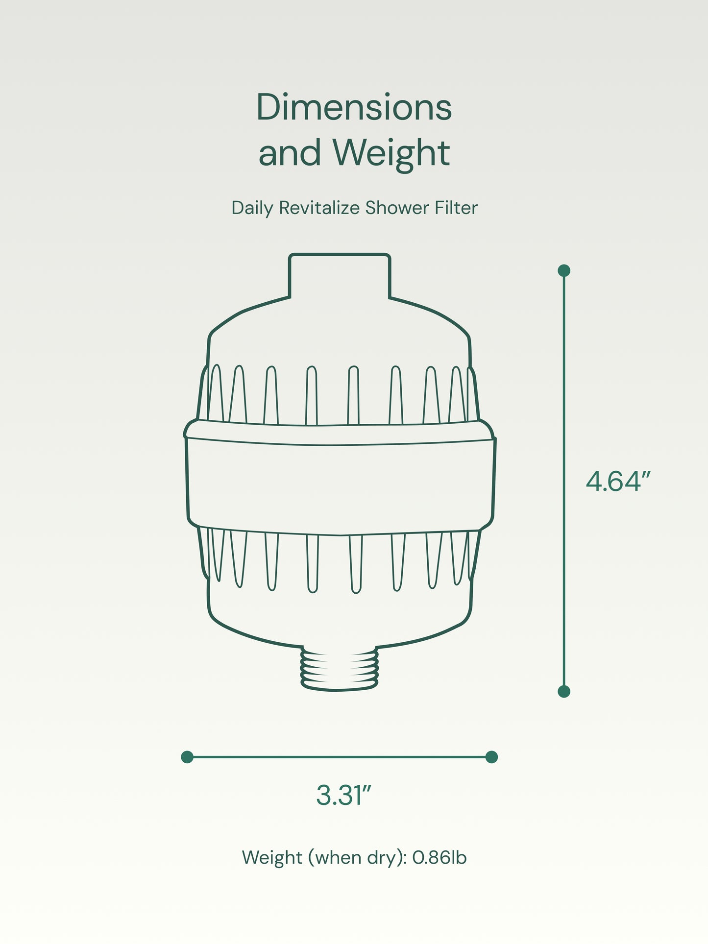 Shower filter with dimensions and weight information on a light gray background