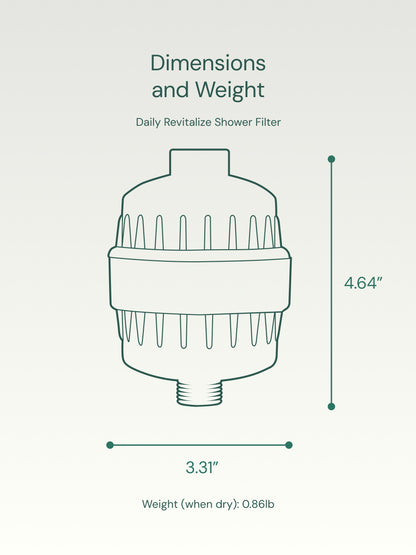 Shower filter with dimensions and weight information on a light gray background