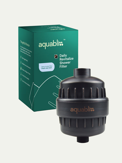 Aquabliss shower filter with packaging on a white background and product in the foreground