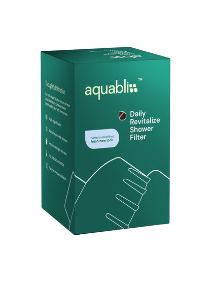 Box of Aquabliss daily revitalize shower filter on a white background