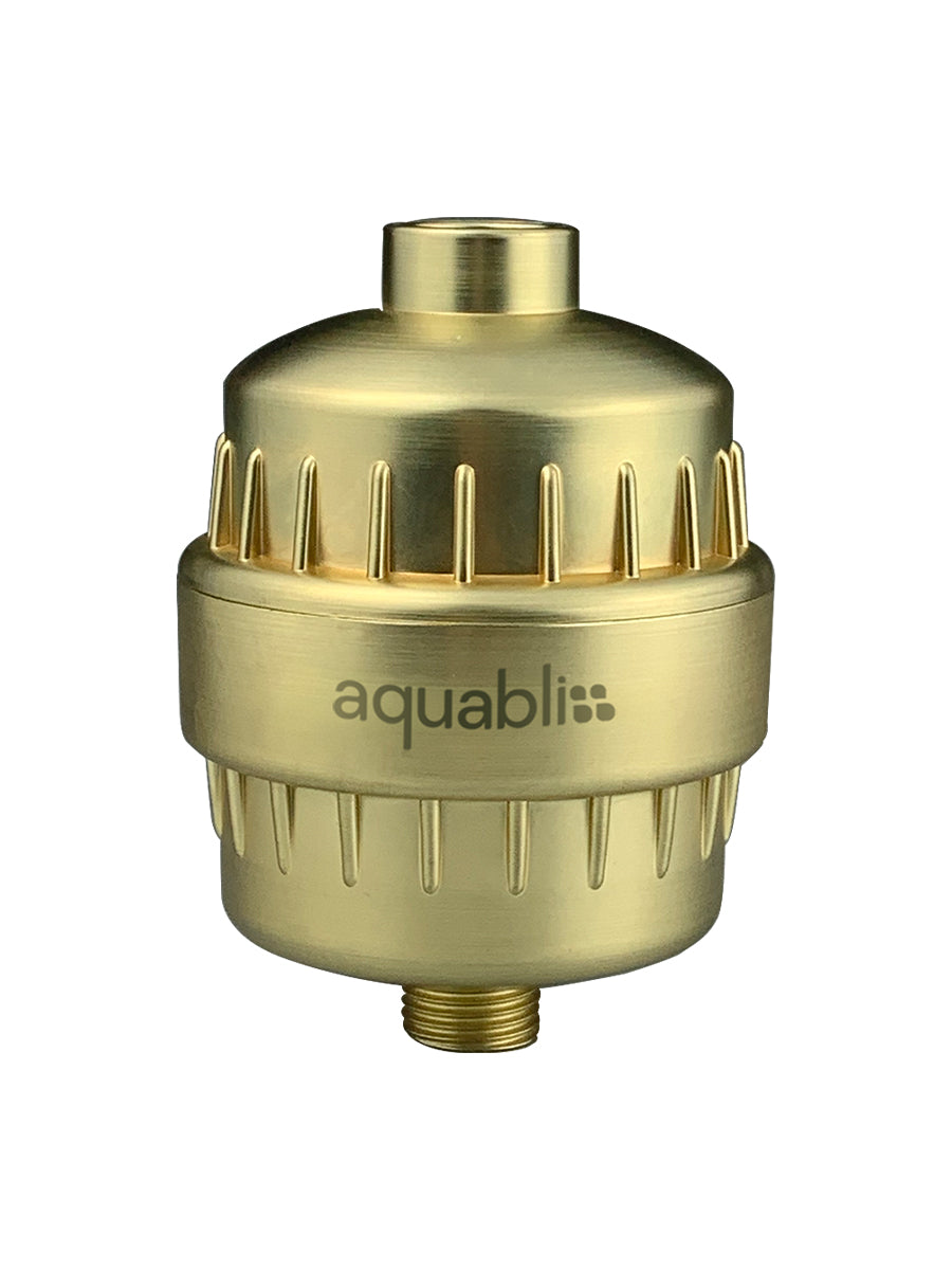Gold shower head with Aquabliss branding on a white background