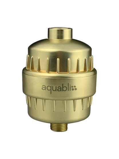 Gold shower head with Aquabliss branding on a white background