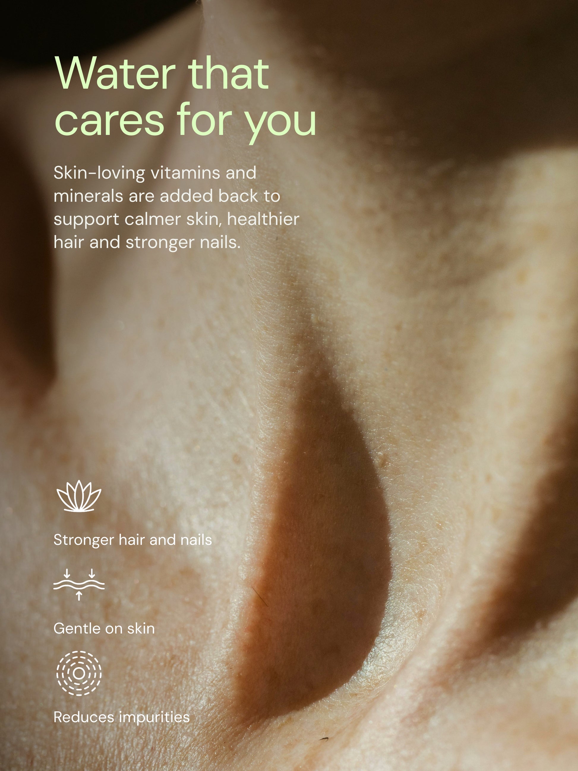 Aquabliss benefits with text about skin care benefits on a close-up of skin texture.