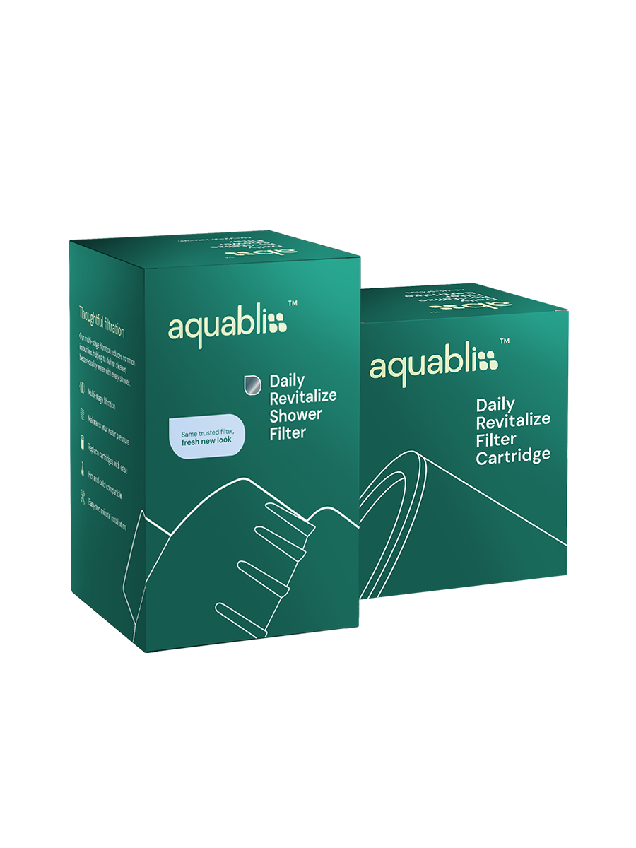 Two teal-green Aquabliss Daily Revitalize Shower Filter boxes on a plain white background, with one box showing the front and one showing the side.