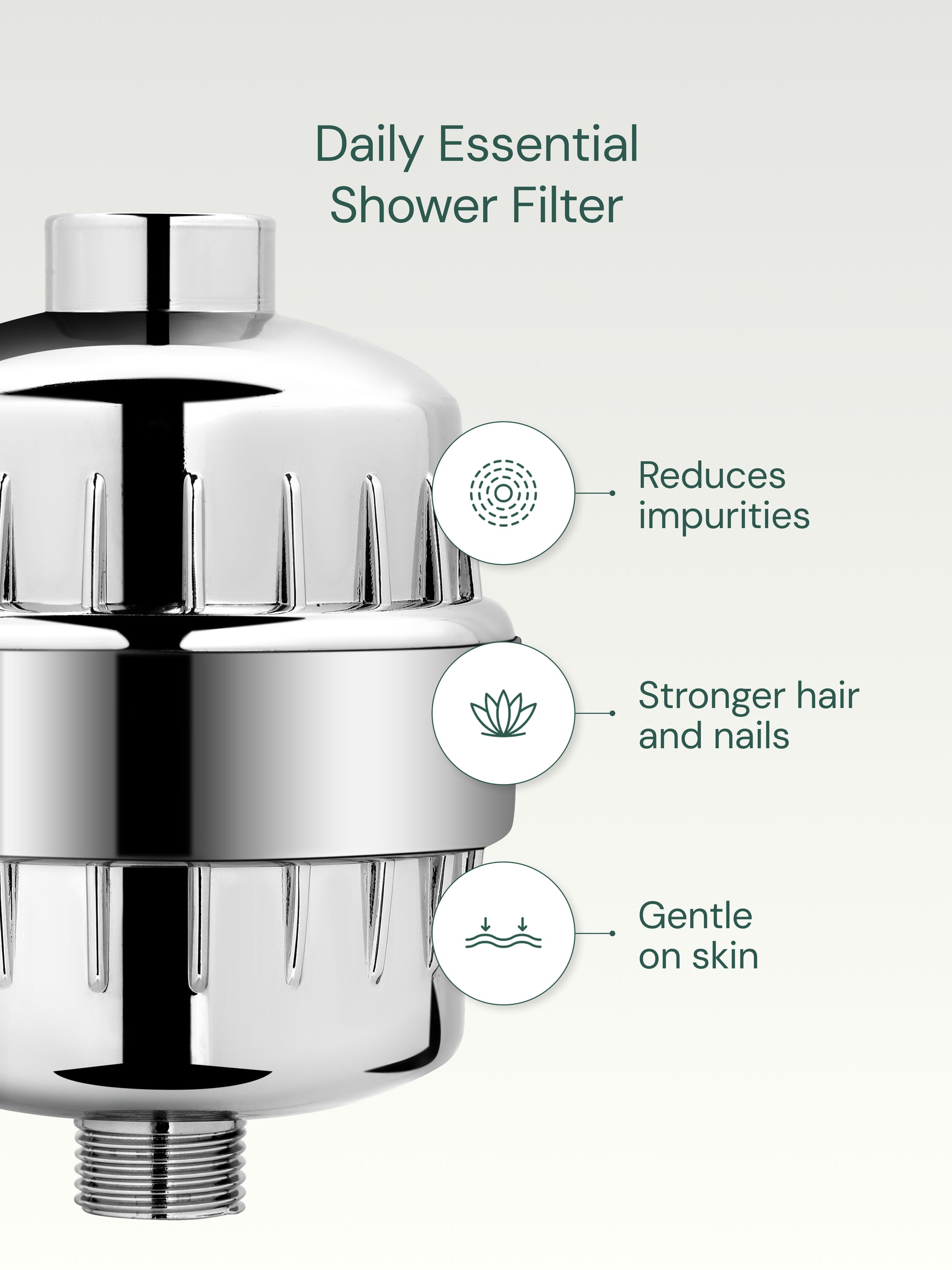 Daily Essential shower filter with benefits listed on a white background
