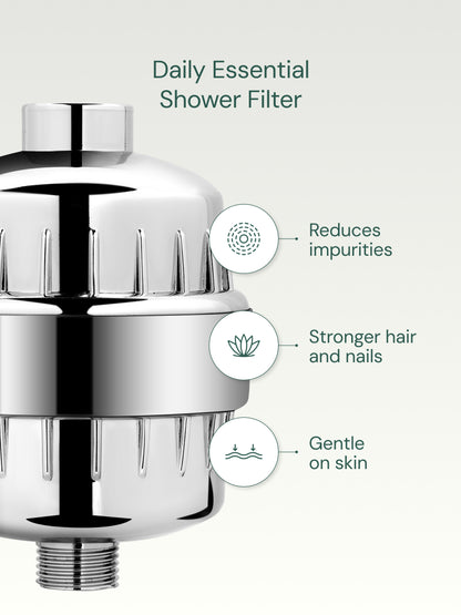 Daily Essential shower filter with benefits listed on a white background