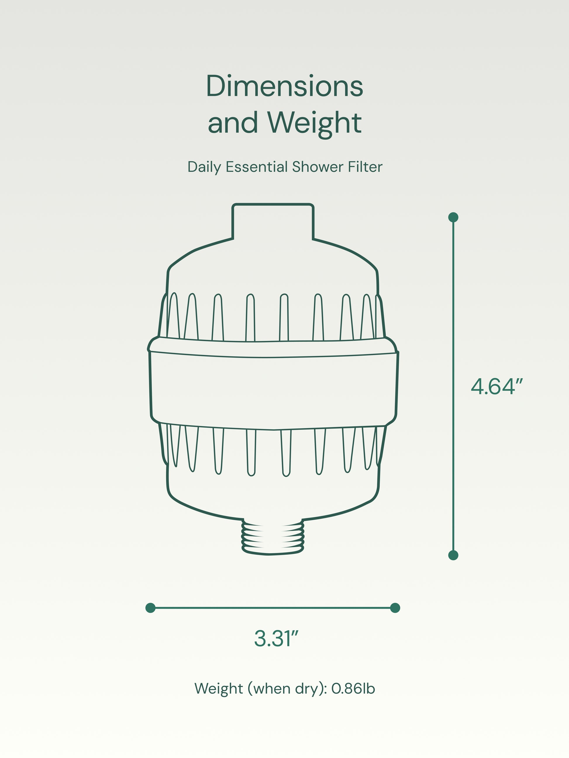 Diagram of a Daily Essential Shower Filter with dimensions on a light gray background
