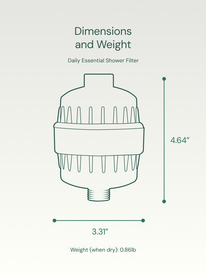 Diagram of a Daily Essential Shower Filter with dimensions on a light gray background