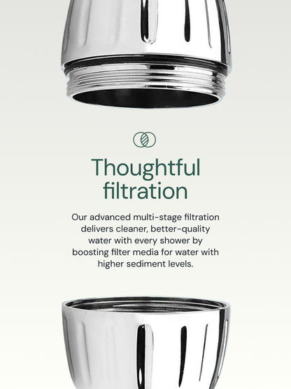 Chrome open shower filter with text about thoughtful filtration on a white background