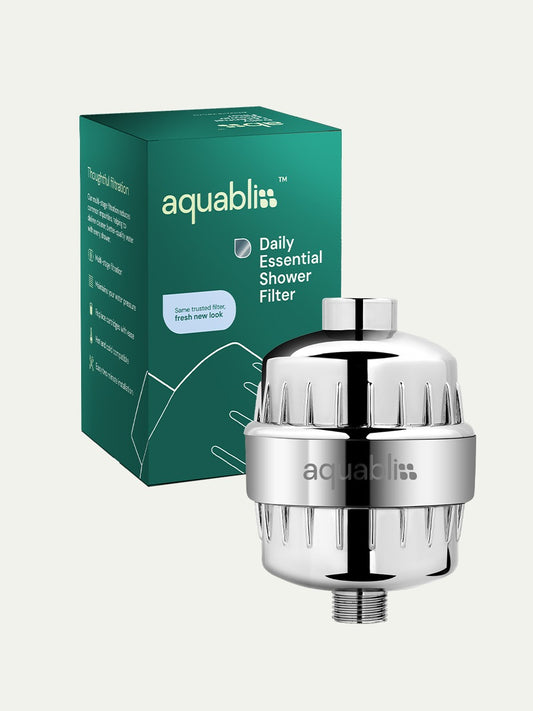 Aquabliss shower filter with packaging on a white background