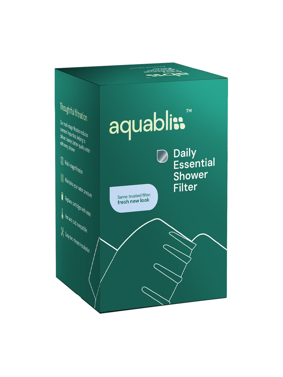 Aquabliss Daily Essential Shower Filter packaging on a white background