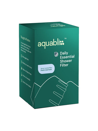 Aquabliss Daily Essential Shower Filter packaging on a white background