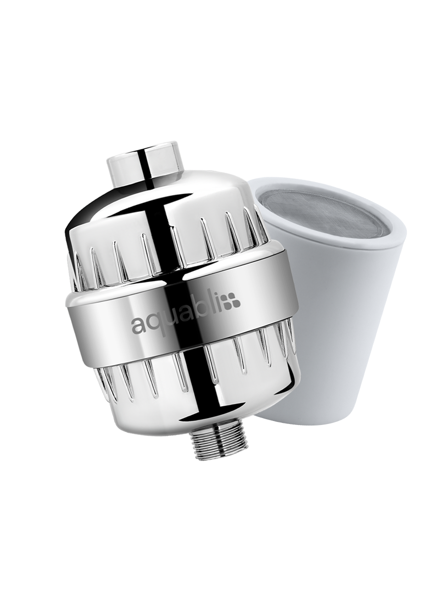 A polished chrome shower filter cartridge with the white filter basket removed and set beside it, on a solid white background. The Aquabliss brand logo is visible on the metal body.