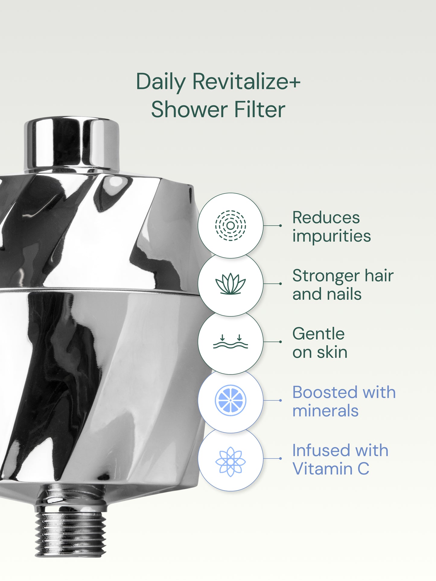 Daily Revitalize+ shower filter cartridge with benefits listed on a white background