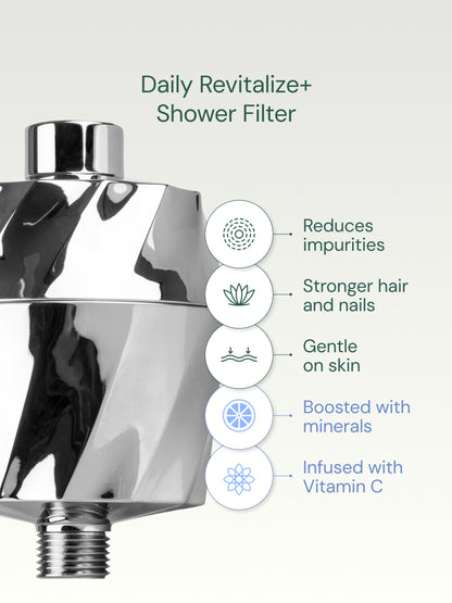 Daily Revitalize+ shower filter cartridge with benefits listed on a white background