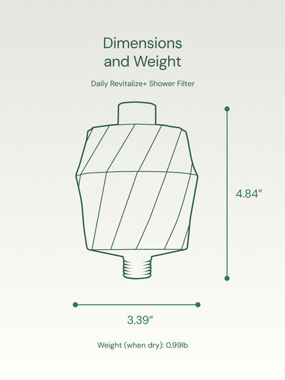 Technical drawing of a shower filter with dimensions on a light gray background