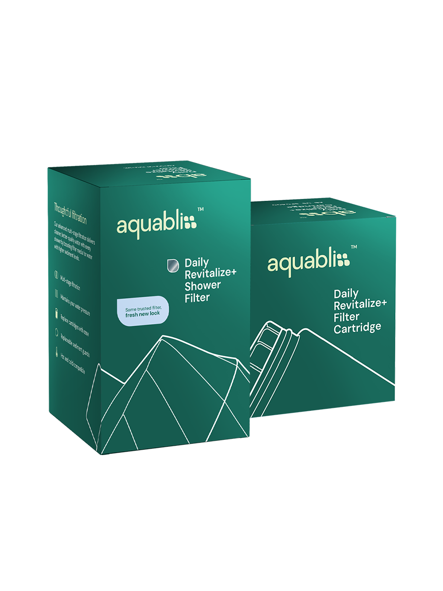 Two teal-green Aquablis product boxes on a white background, one showing the Daily Revitalize+ Shower Filter and the other showing the Daily Revitalize+ Filter Cartridge.