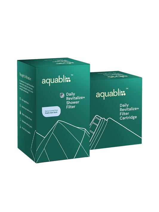 Two teal-green Aquablis product boxes on a white background, one showing the Daily Revitalize+ Shower Filter and the other showing the Daily Revitalize+ Filter Cartridge.
