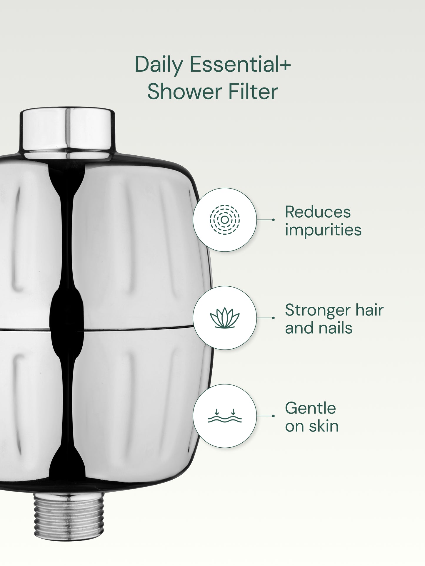Shower filter with benefits listed on a white background