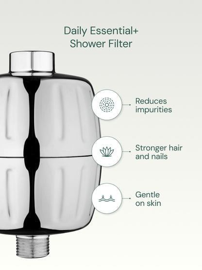 Shower filter with benefits listed on a white background