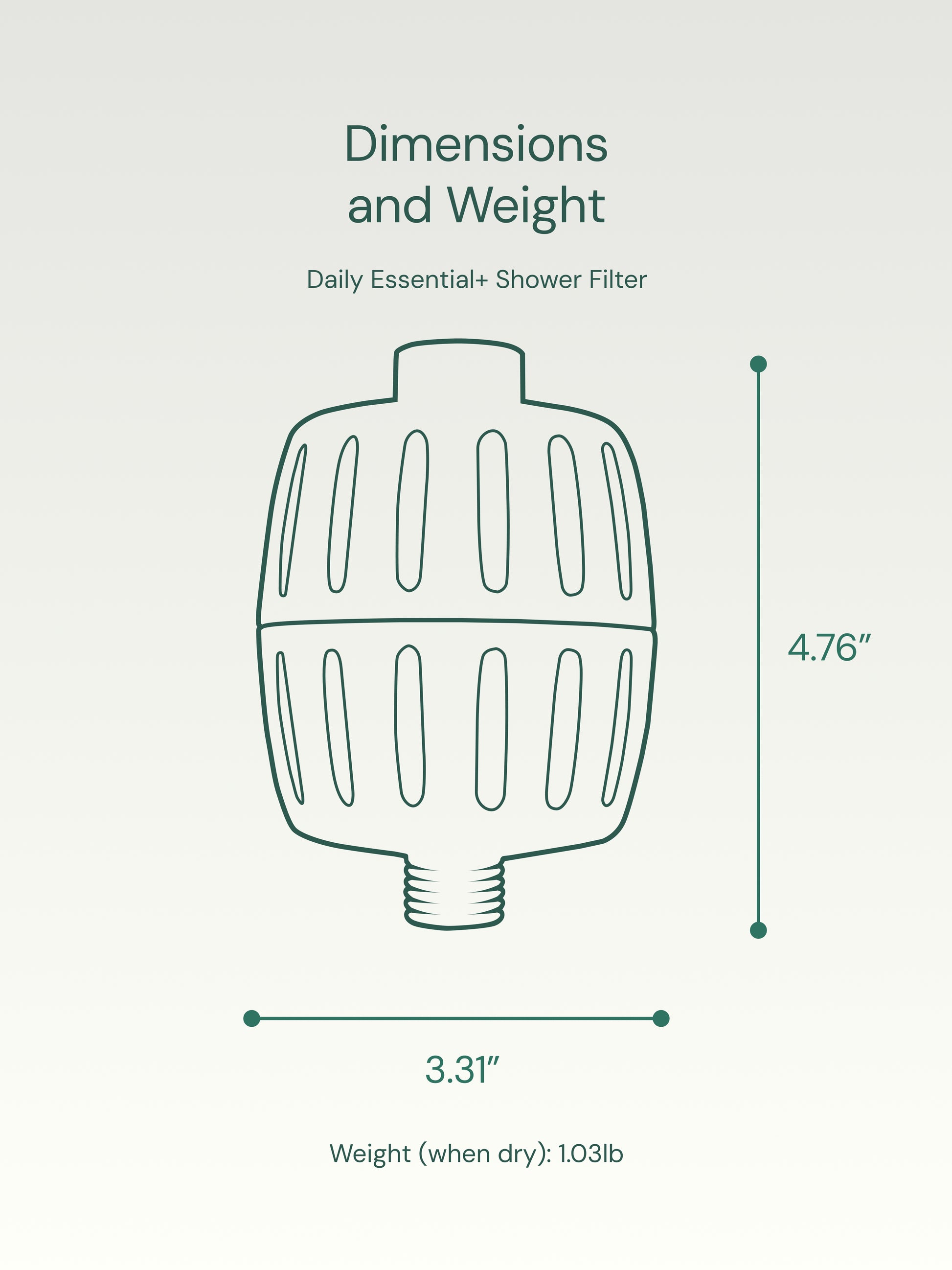 Diagram of a shower filter with dimensions on a light gray background