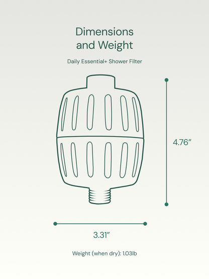Diagram of a shower filter with dimensions on a light gray background