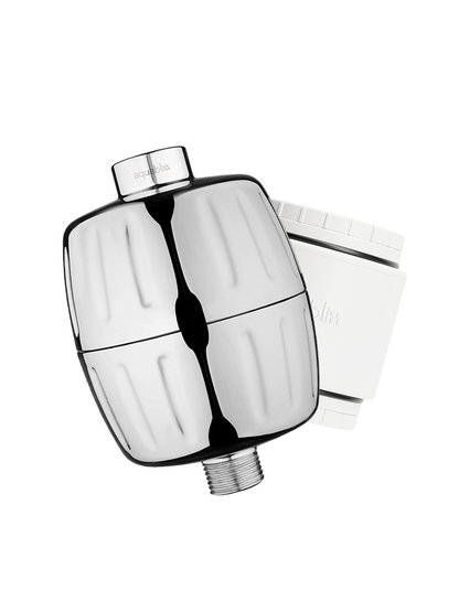 A polished chrome shower filter with a filter cartridge, shown on a clean white background.