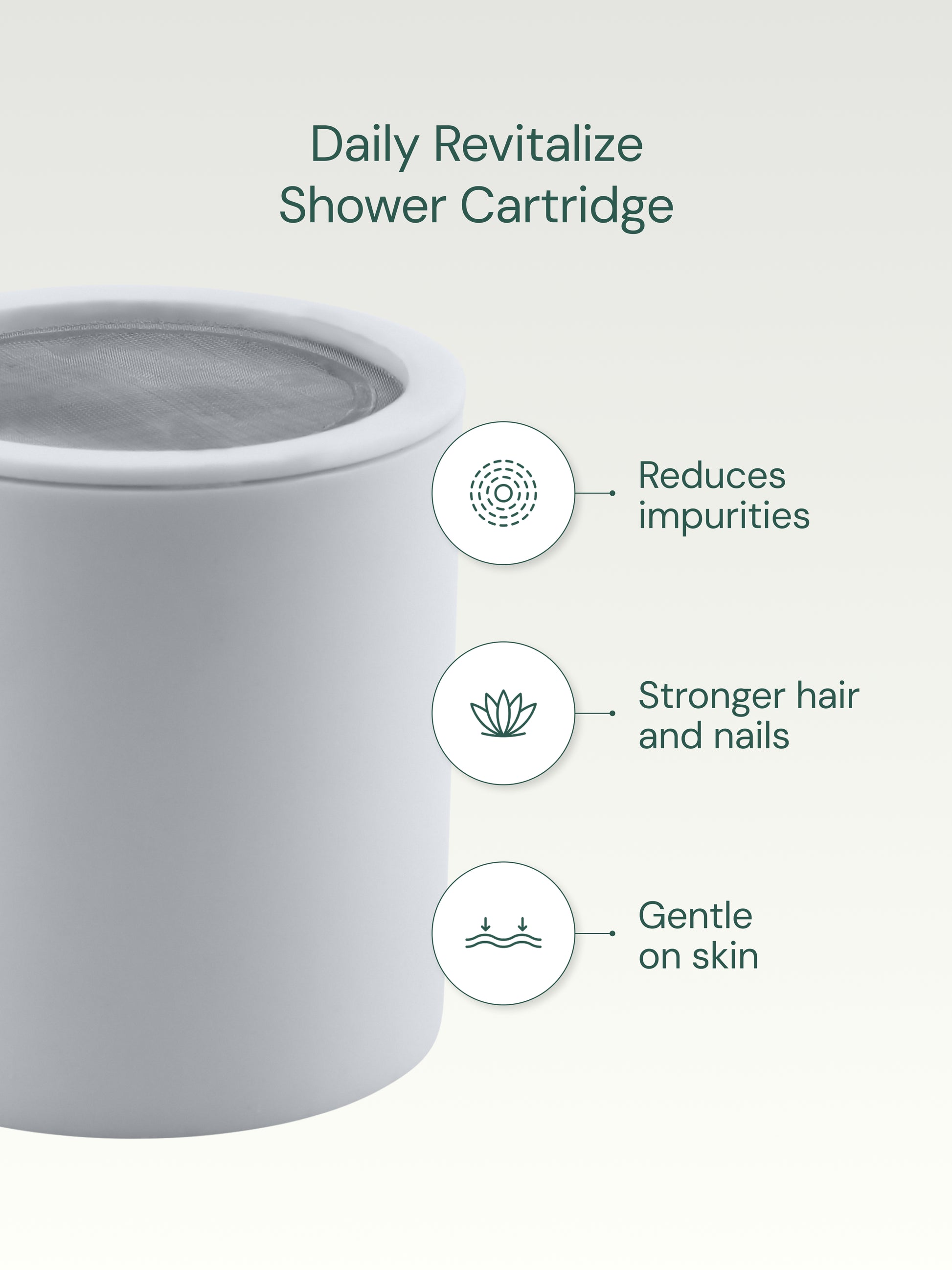 Daily Revitalize shower filter cartridge with benefits listed on a white background