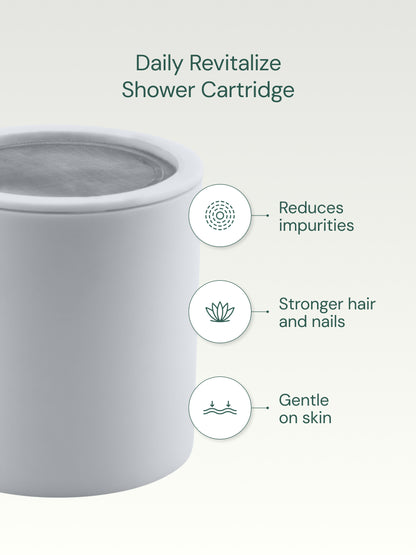 Daily Revitalize shower filter cartridge with benefits listed on a white background