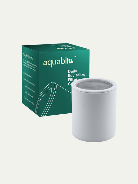 Box of Aquabliss daily revitalize shower filter cartridge on a white background with  the product in the foreground