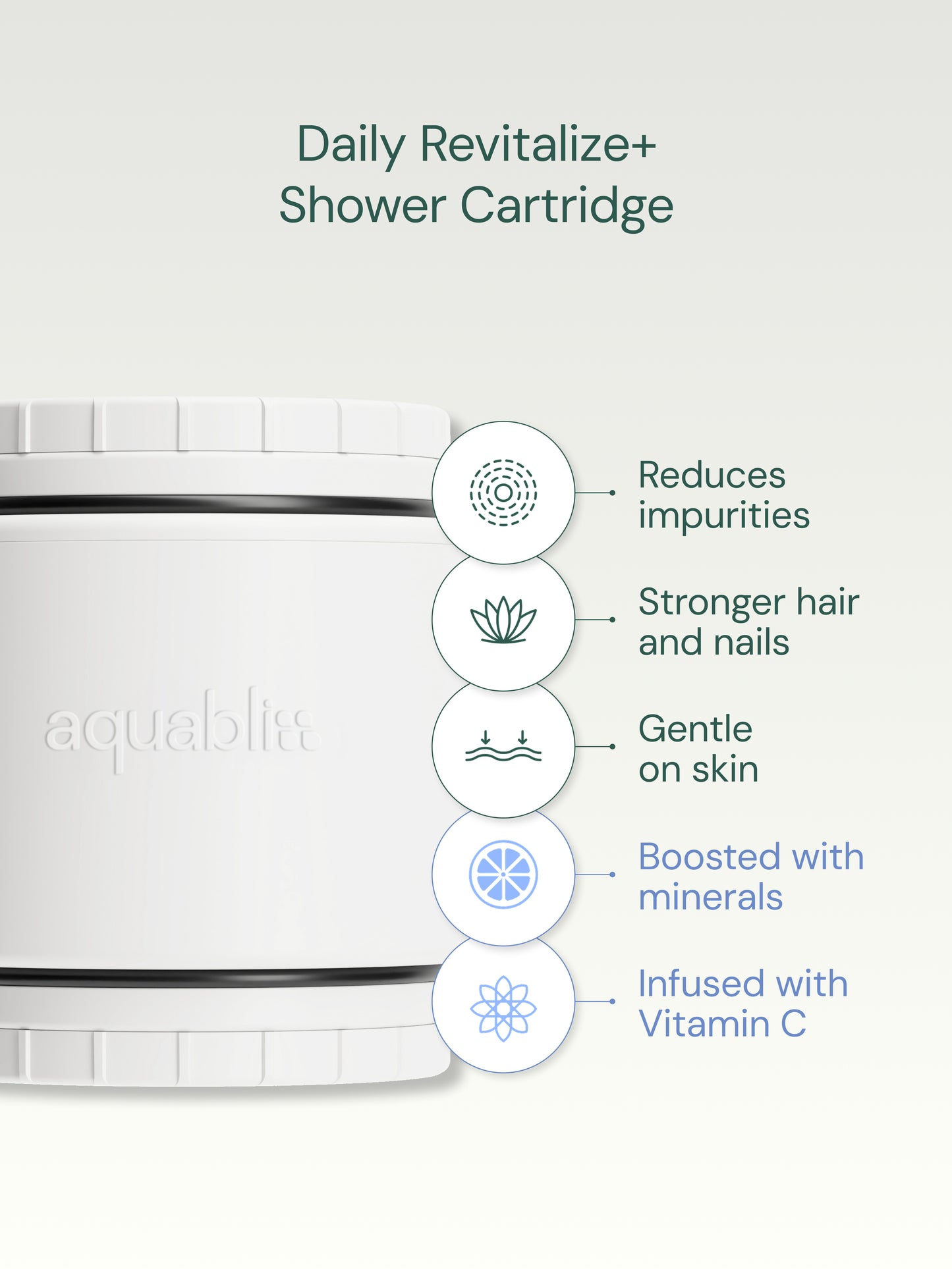 AquaBliss Daily Revitalize+ Shower Cartridge with features listed on a white background