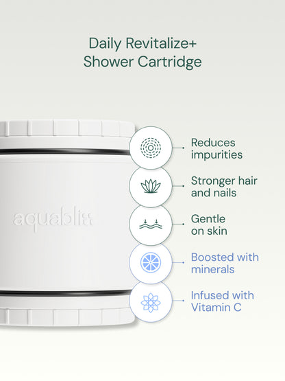 AquaBliss Daily Revitalize+ Shower Cartridge with features listed on a white background