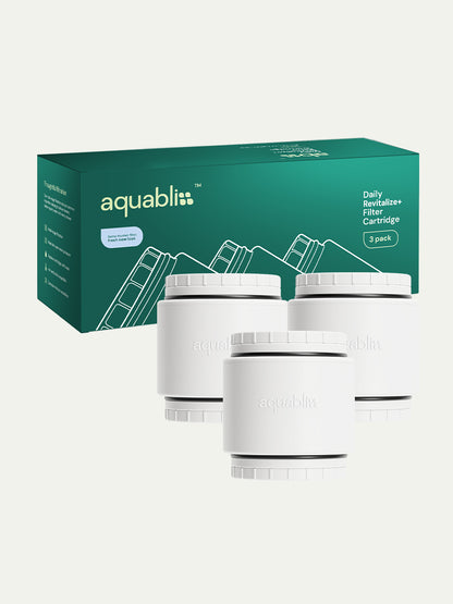 Three white filter cartridges in front of an Aquabliss branded box on a white background