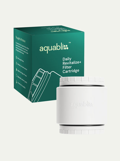 White filter cartridges in front of an Aquabliss branded box on a white background