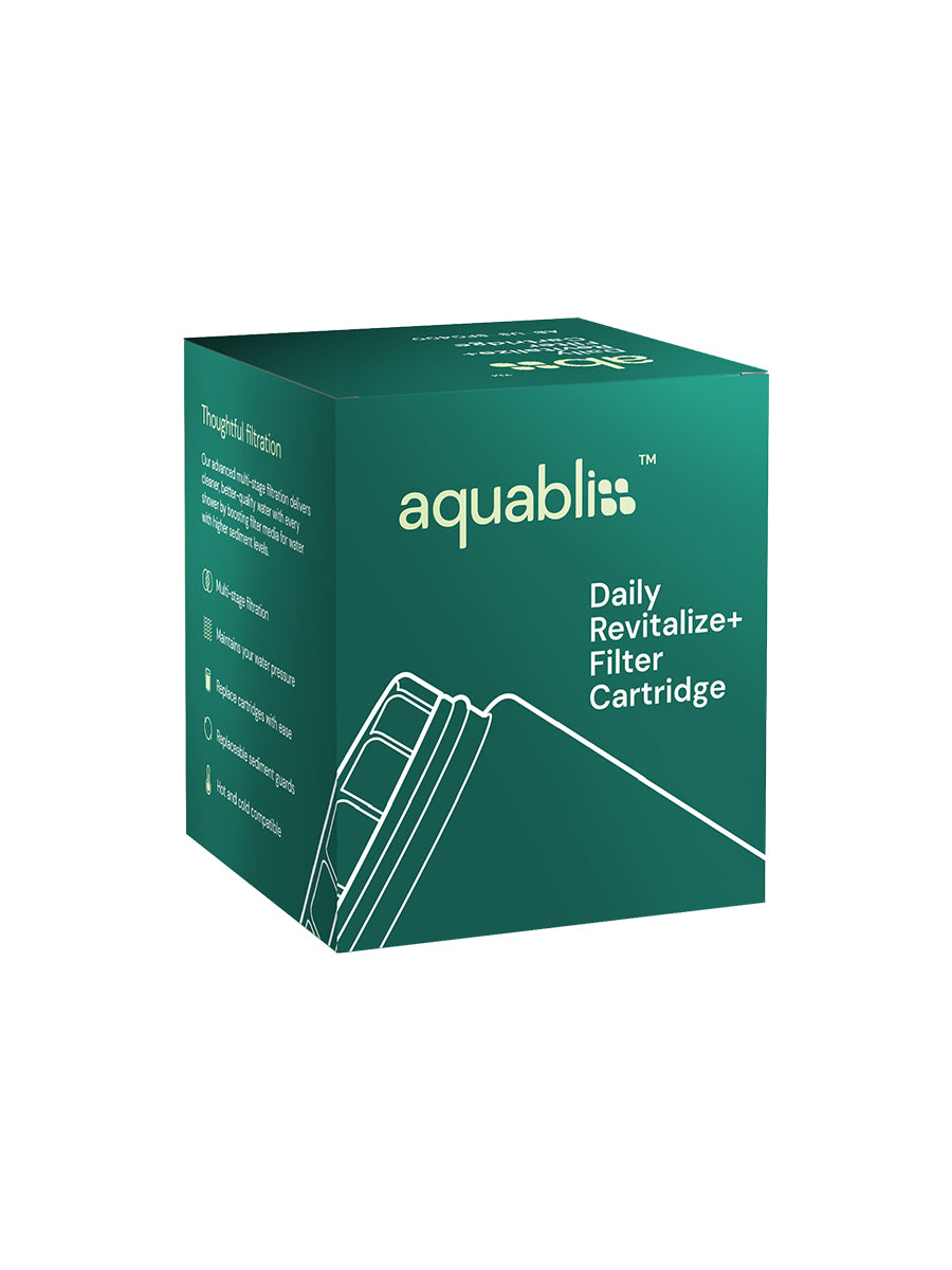 Box of Aquabliss daily revitalize+ shower filter cartridge on a white background