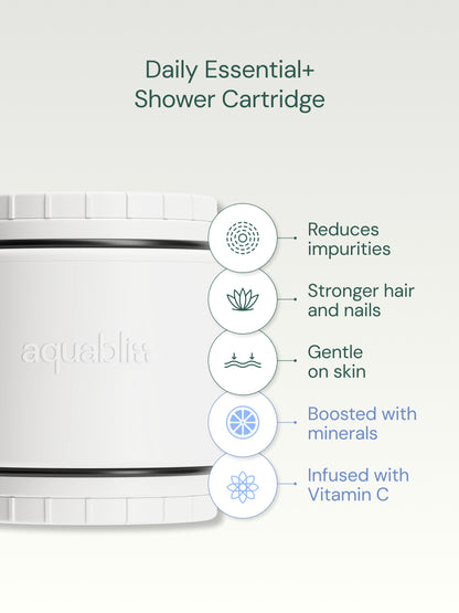 AquaBliss Daily Essential+ Shower Cartridge with features listed on a white background
