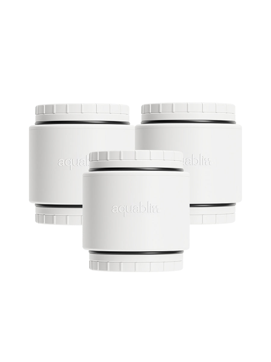 Aquabliss pack of three shower filter cartridges on a white background 